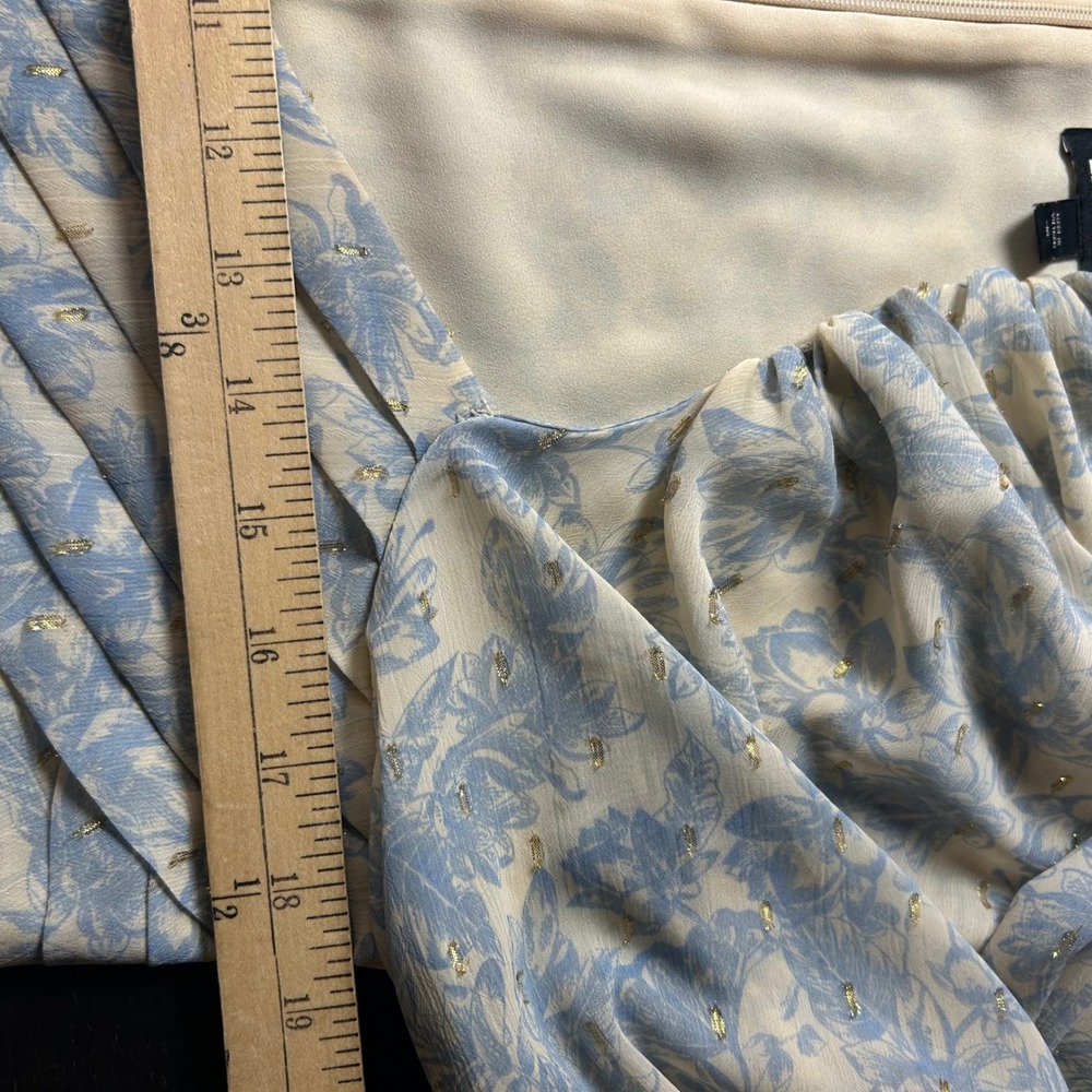 Express Womens Medium Blue Cream Floral Metallic Pleated Balloon Sleeve Blouse M - Picture 5 of 7
